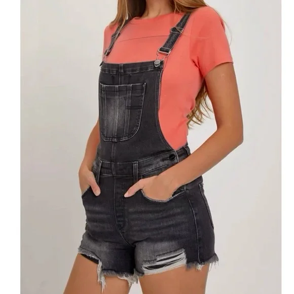 Risen Medium Women's Black Denim Shortalls Overalls Shorts Distressed RDS6059 - Picture 11 of 11